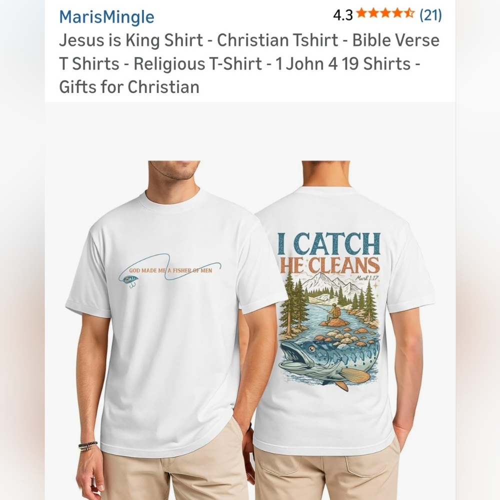 Men's White 'I Catch He Cleans' Graphic Fishing Tee.  M-2